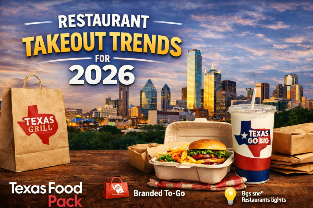 Restaurant takeout packaging trends 2026 featuring branded cups, paper bags, and food containers in Dallas Texas skyline