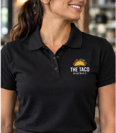 Custom printed black polo shirt restaurant uniform – custom printed packaging and branding by Texas Food Pack