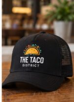 Custom printed black baseball cap restaurant uniform – custom printed packaging and branding by Texas Food Pack