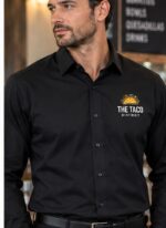 Custom printed black button-down dress shirt restaurant uniform – custom printed packaging and branding by Texas Food Pack