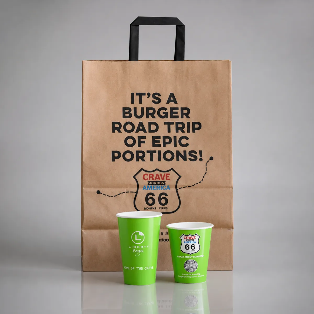 Custom printed kraft takeout bag with matching paper cups