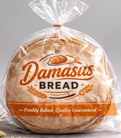 Custom printed clear bakery bread bag with flatbread – custom printed packaging by Texas Food Pack