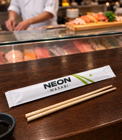Bamboo chopsticks in a custom printed paper chopstick sleeve – custom printed packaging by Texas Food Pack