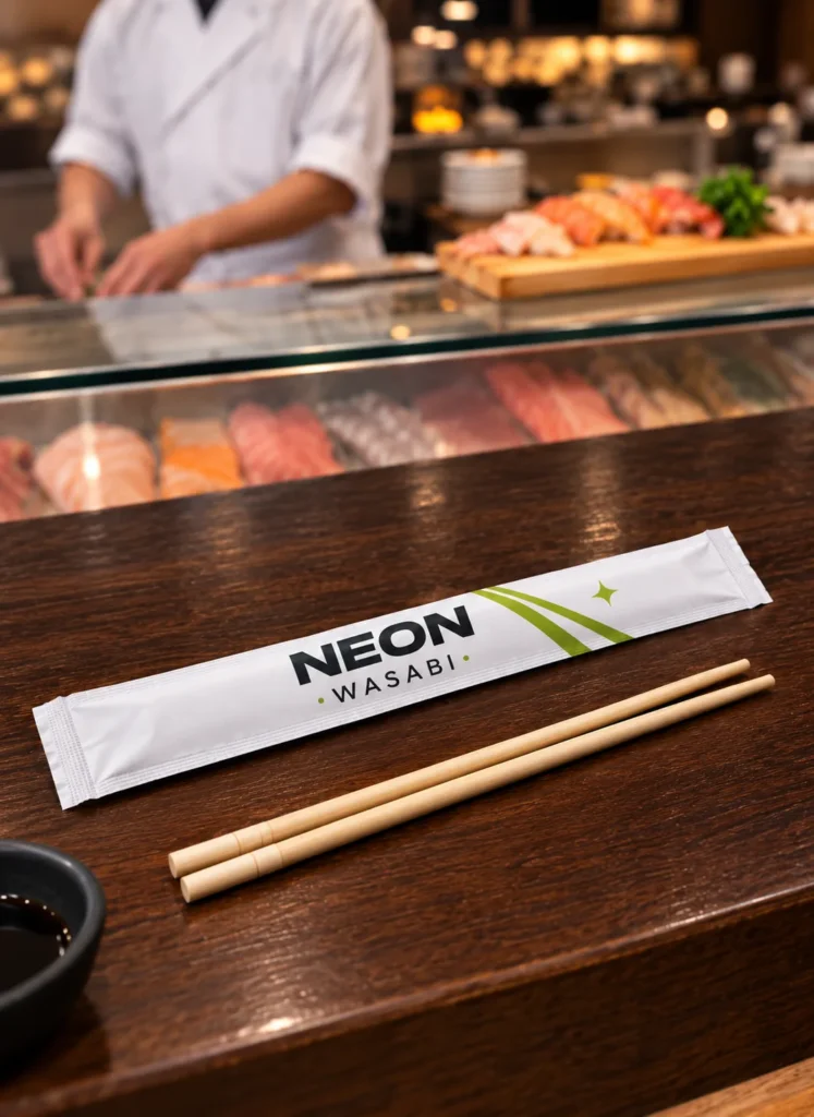 Bamboo chopsticks in a custom printed paper chopstick sleeve – custom printed packaging by Texas Food Pack