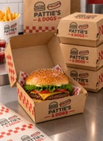 Open custom printed burger clamshell box with burger inside – custom printed packaging by Texas Food Pack