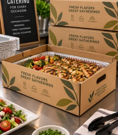 Custom printed corrugated catering box with food tray – custom printed packaging by Texas Food Pack