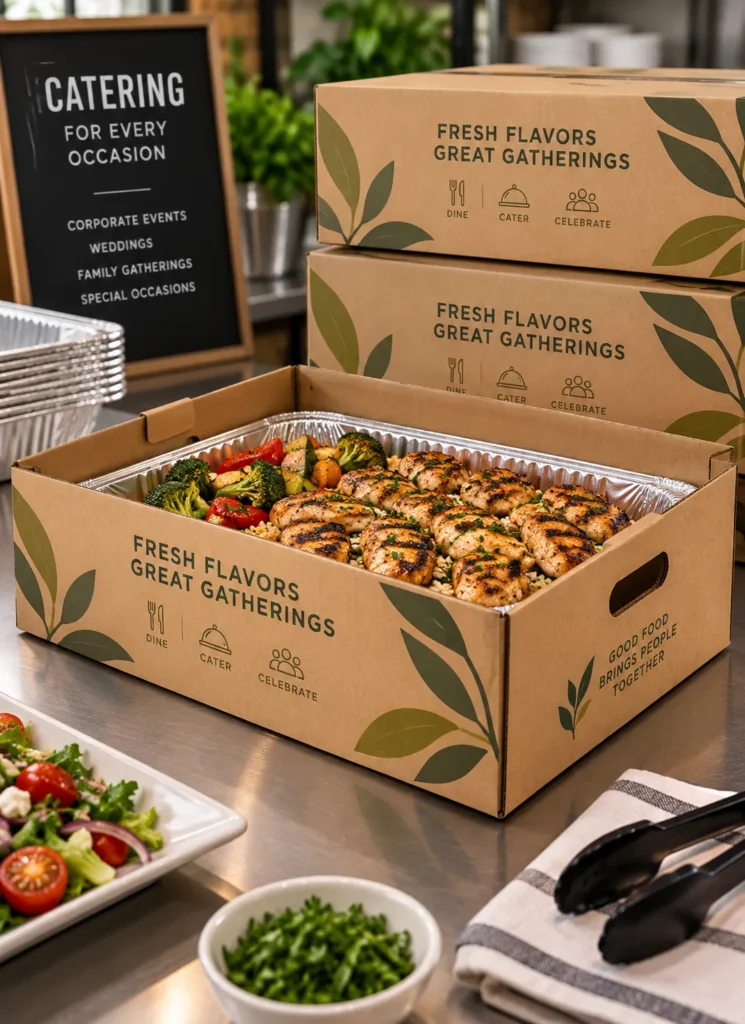 Custom printed corrugated catering box with food tray – custom printed packaging by Texas Food Pack