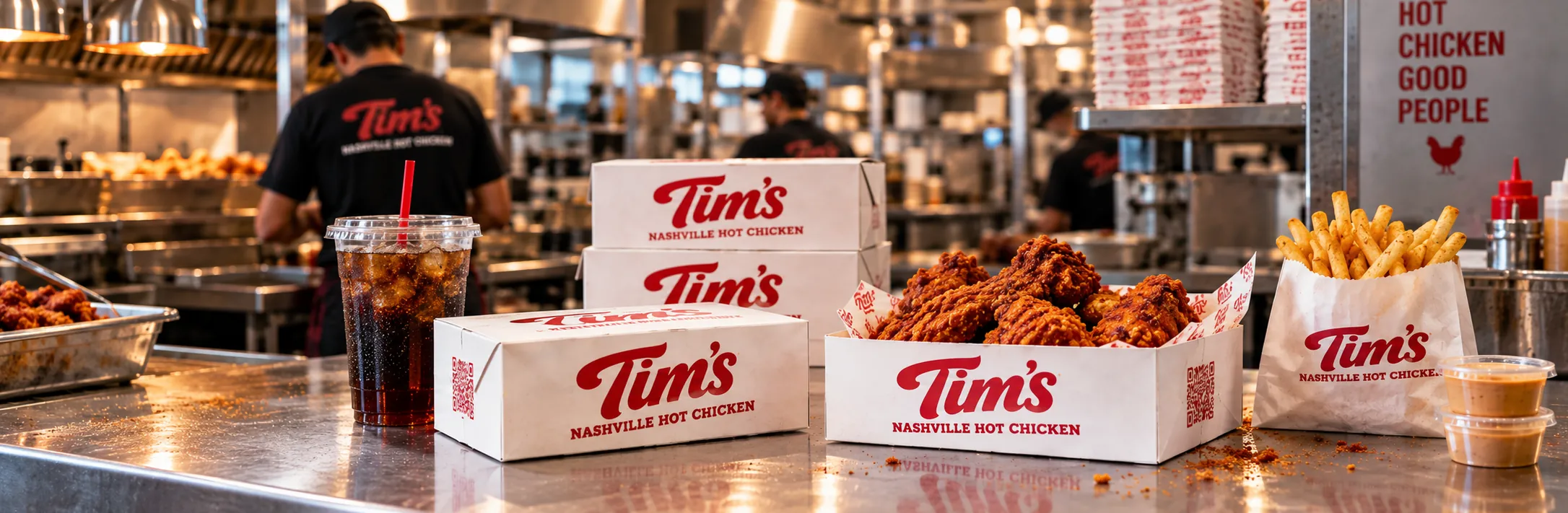 Custom printed chicken boxes, cup and fry bag on a restaurant counter – custom printed packaging by Texas Food Pack