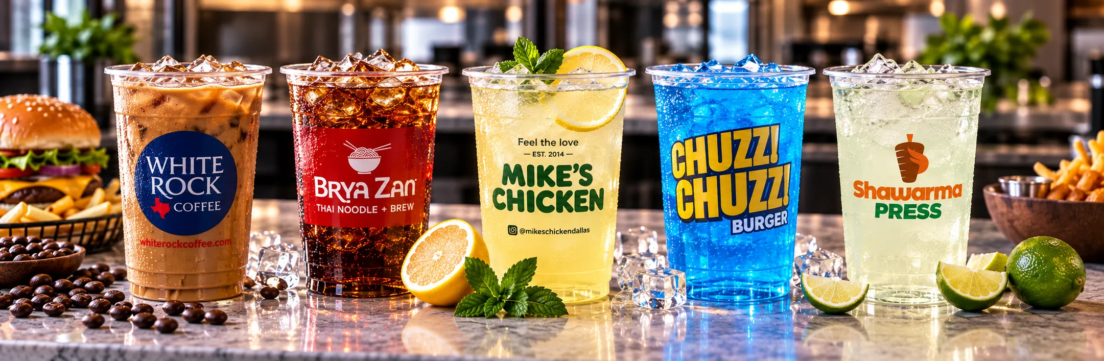 Custom printed clear PET cups with cold drinks – custom printed packaging by Texas Food Pack