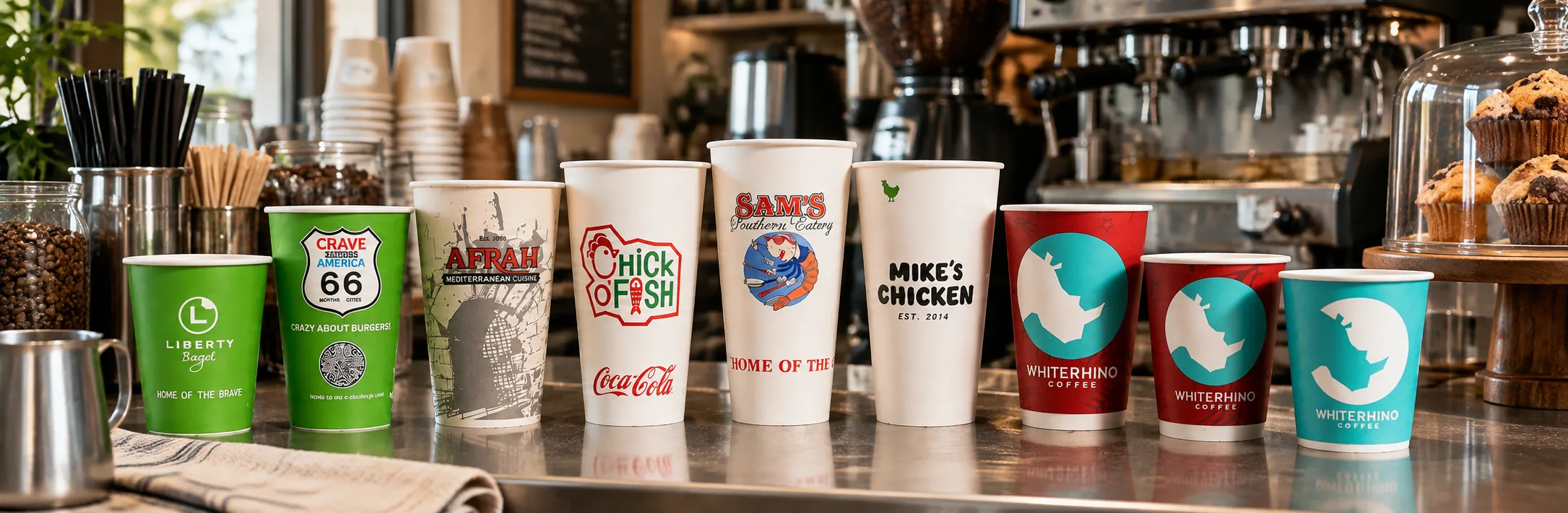 Custom printed paper cups on a coffee shop counter – custom printed packaging by Texas Food Pack