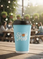 Custom printed blue double wall hot paper cup on a cafe table – custom printed packaging by Texas Food Pack