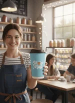 Barista holding a custom printed double wall hot paper cup – custom printed packaging by Texas Food Pack