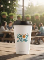 Custom printed white double wall hot paper cup on a cafe table – custom printed packaging by Texas Food Pack