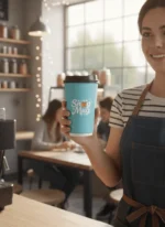 Barista holding a custom printed blue double wall hot paper cup – custom printed packaging by Texas Food Pack