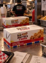 Custom printed fast-top chicken meal boxes on a restaurant counter – custom printed packaging by Texas Food Pack