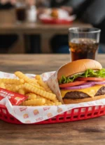 Custom printed greaseproof paper liner in a burger and fries basket – custom printed packaging by Texas Food Pack