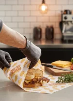 Custom printed greaseproof paper wrapping a sandwich – custom printed packaging by Texas Food Pack