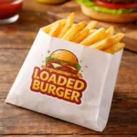 Custom printed greaseproof fry bag filled with french fries – custom printed packaging by Texas Food Pack