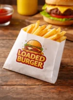 Custom printed greaseproof fry bag filled with french fries – custom printed packaging by Texas Food Pack