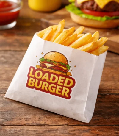 Custom printed greaseproof fry bag filled with french fries – custom printed packaging by Texas Food Pack
