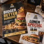 Custom printed restaurant menu flyers and lunch special cards on a table – custom printed packaging and branding by Texas Food Pack
