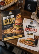 Custom printed restaurant menu flyers and lunch special cards on a table – custom printed packaging and branding by Texas Food Pack