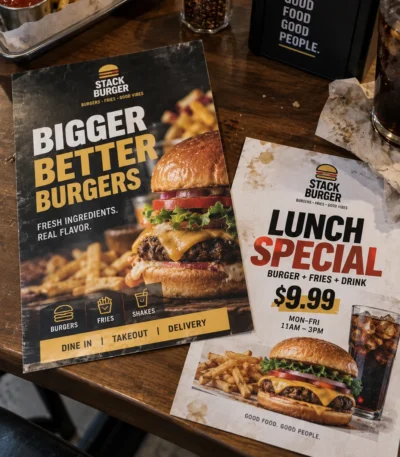 Custom printed restaurant menu flyers and lunch special cards on a table – custom printed packaging and branding by Texas Food Pack