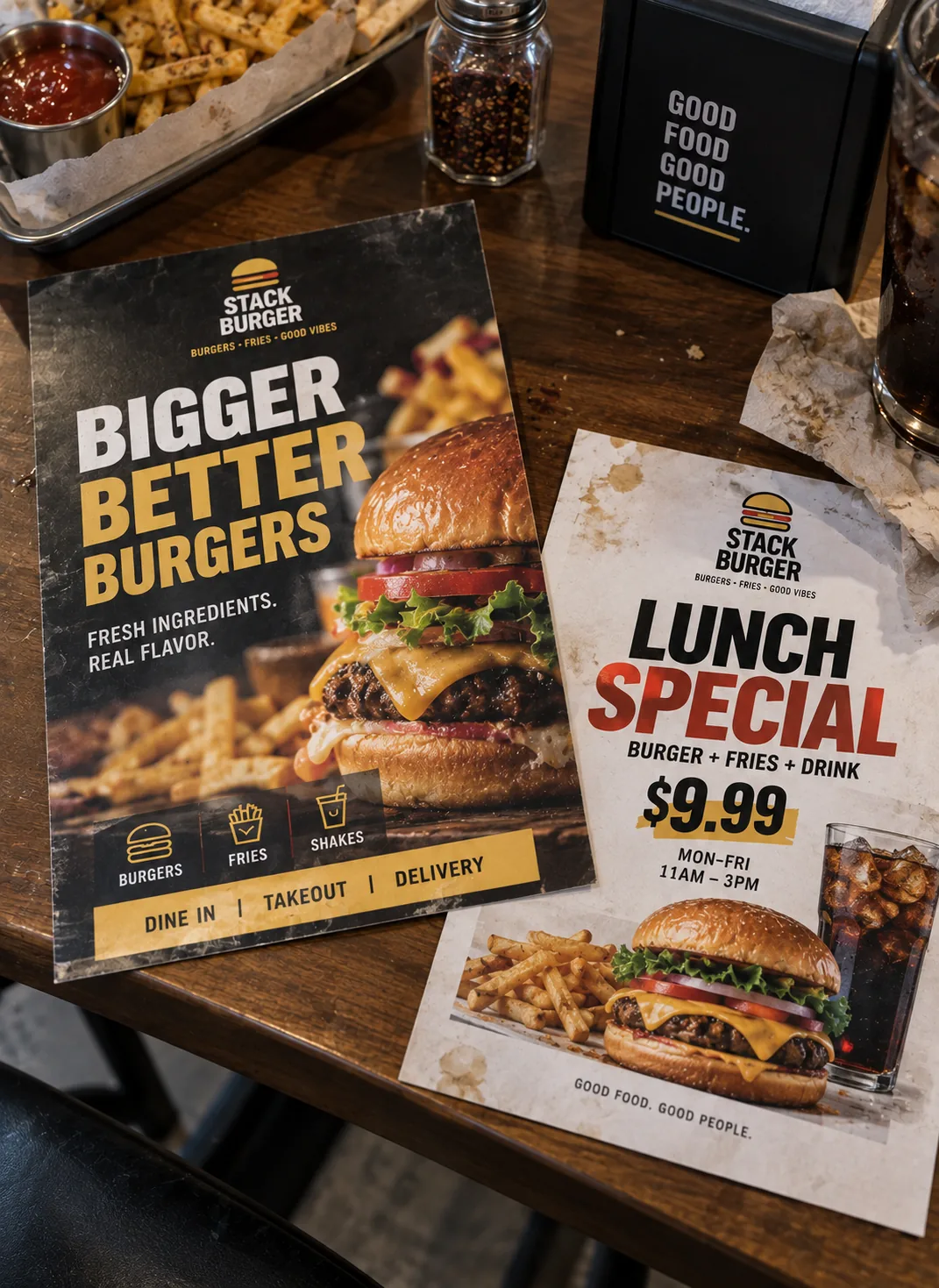 Menus Printables Custom Print Texas Food Pack 1 Custom printed restaurant menu flyers and lunch special cards on a table – custom printed packaging and branding by Texas Food Pack