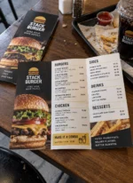 Custom printed restaurant menus with burger photos and price lists – custom printed packaging and branding by Texas Food Pack