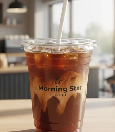 Custom printed clear PET cup with iced coffee – custom printed packaging by Texas Food Pack