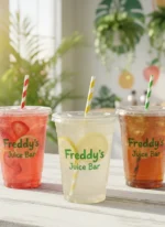 Custom printed clear PET cups with fruit drinks and straws – custom printed packaging by Texas Food Pack