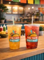 Custom printed clear PET cups with iced fruit drinks – custom printed packaging by Texas Food Pack