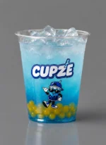 Custom printed clear PET cup with blue iced drink – custom printed packaging by Texas Food Pack
