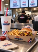 Custom printed paper food tray with burger and fries – custom printed packaging by Texas Food Pack