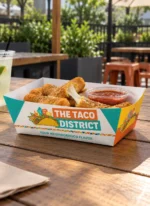 Custom printed paper food tray with fried food on a counter – custom printed packaging by Texas Food Pack