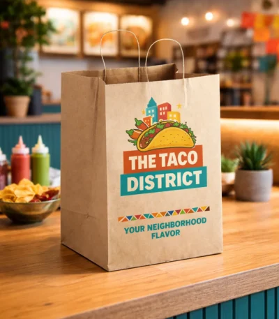 Custom printed kraft paper shopping bag with handles – custom printed packaging by Texas Food Pack