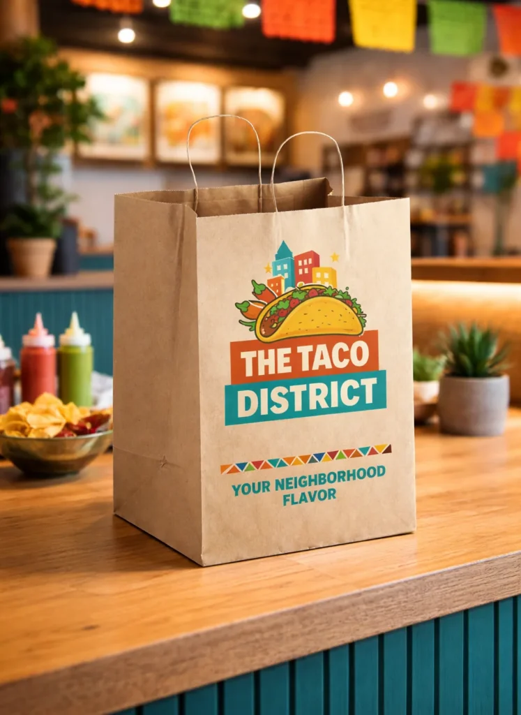Custom printed kraft paper shopping bag with handles – custom printed packaging by Texas Food Pack
