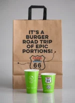 Custom printed kraft paper shopping bag with flat handles and paper cups – custom printed packaging by Texas Food Pack