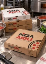 Stack of custom printed kraft corrugated pizza boxes – custom printed packaging by Texas Food Pack