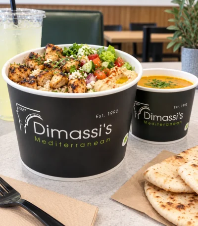 Custom printed round food paper containers with soup – custom printed packaging by Texas Food Pack