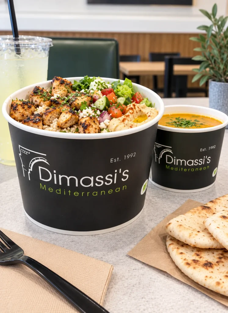 Custom printed round food paper containers with soup – custom printed packaging by Texas Food Pack