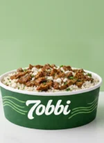 Custom printed round paper bowl with rice dish – custom printed packaging by Texas Food Pack