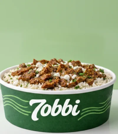 Custom printed round paper bowl with rice dish – custom printed packaging by Texas Food Pack