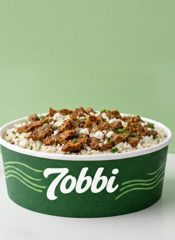 Custom printed round paper bowl with rice dish – custom printed packaging by Texas Food Pack