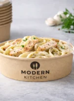 Custom printed kraft round paper bowl with pasta – custom printed packaging by Texas Food Pack