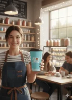 Barista holding a custom printed single wall hot paper cup in a cafe – custom printed packaging by Texas Food Pack