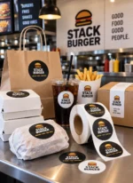 Custom printed sticker labels on takeout bags and roll labels on a counter – custom printed packaging and branding by Texas Food Pack
