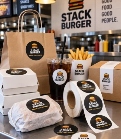 Custom printed sticker labels on takeout bags and roll labels on a counter – custom printed packaging and branding by Texas Food Pack