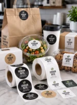 Custom printed round roll labels and stickers on takeout containers – custom printed packaging and branding by Texas Food Pack