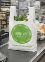 Custom printed white t-shirt plastic carryout bag at a grocery checkout – custom printed packaging by Texas Food Pack